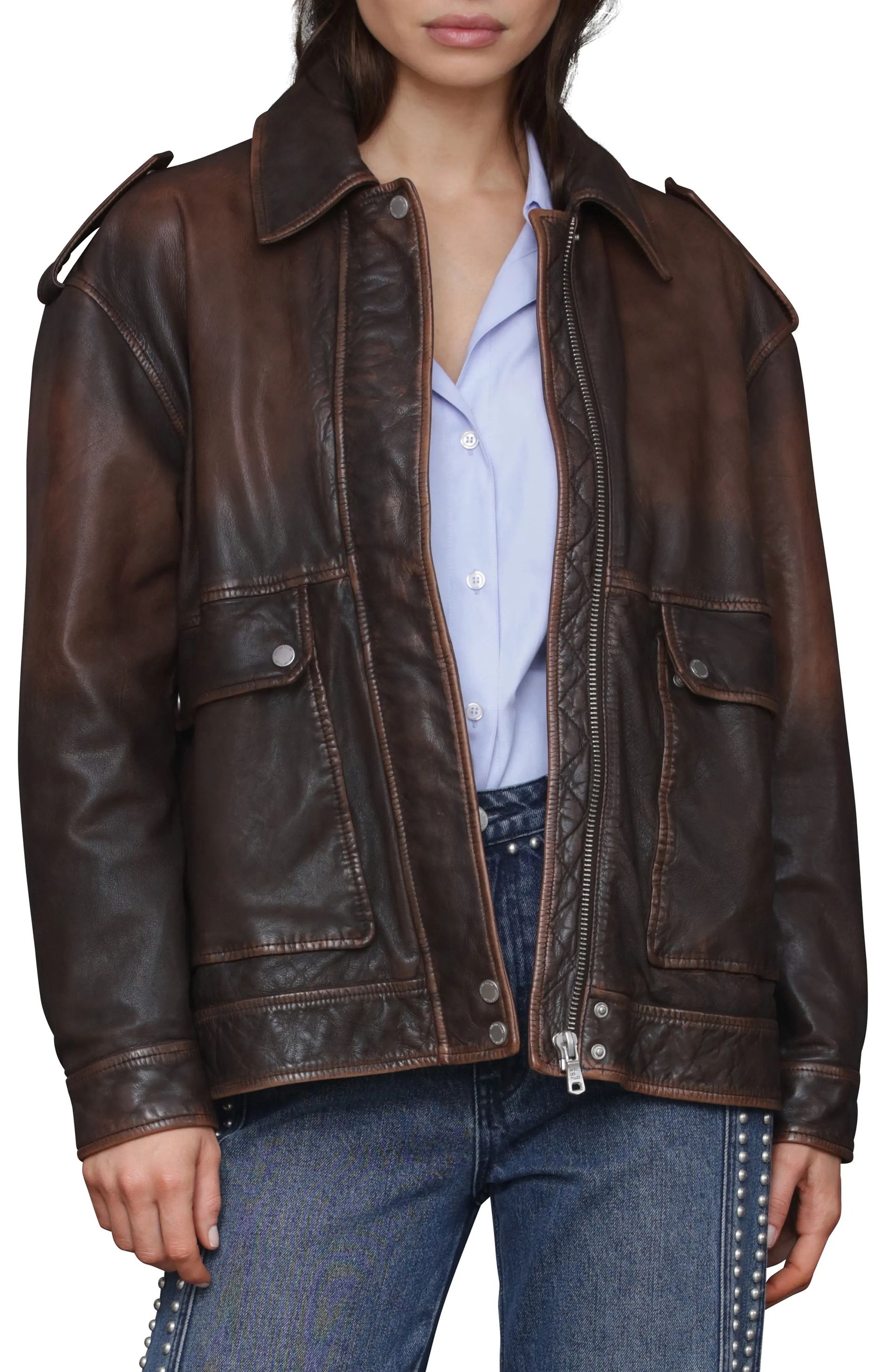 Avec Les Filles, Pieced Back Leather Bomber Jacket