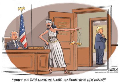 Political cartoon U.S. Comey testimony Trump obstruction Lady Justice Jeff Sessions