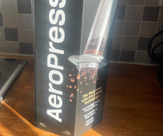 AeroPress Premium coffee maker packaging in my kitchen