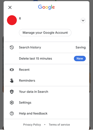 google search on android with delete last 15 minutes option