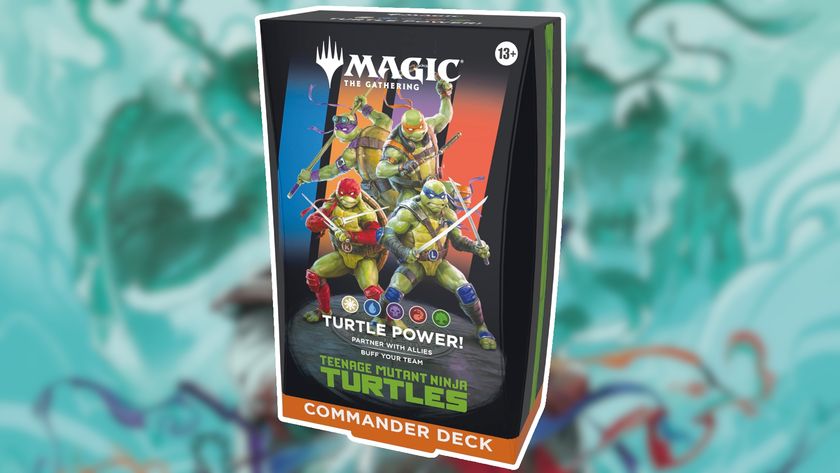 MTG Teenage Mutant Ninja Turtles Commander box on an aquamarine background