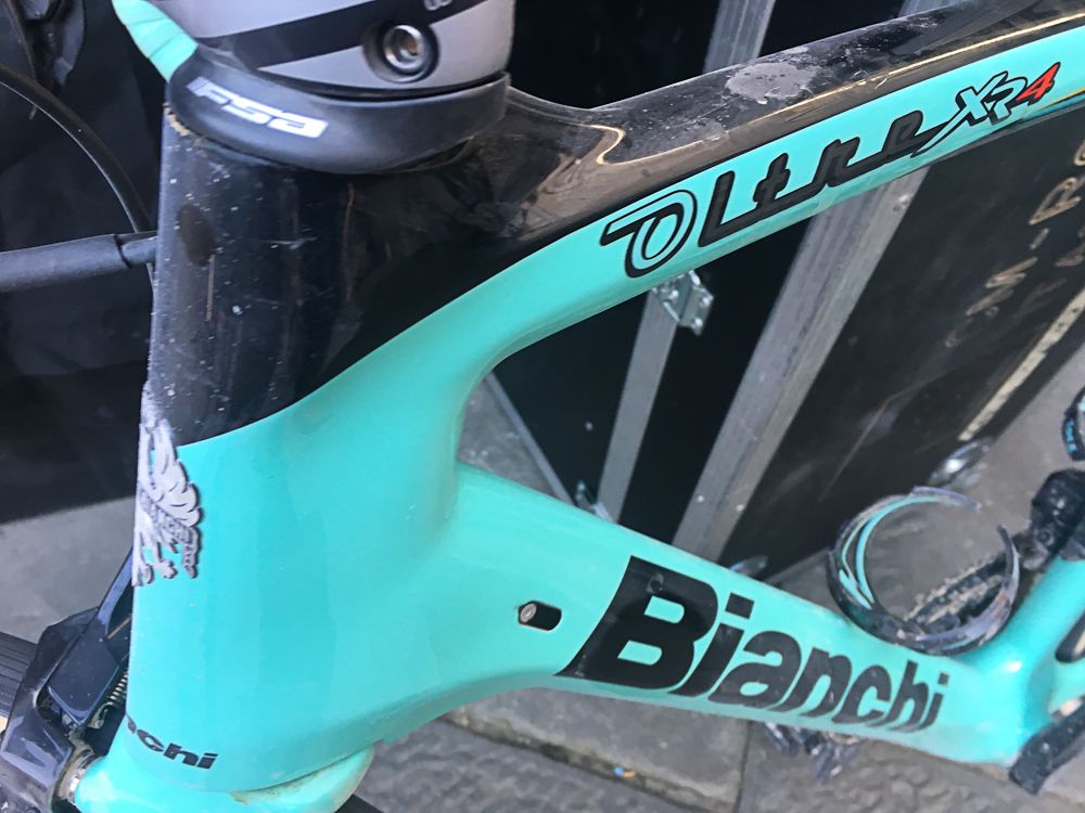 The head tube of Wout van Aert&rsquo;s Bianchi Oltre XR4