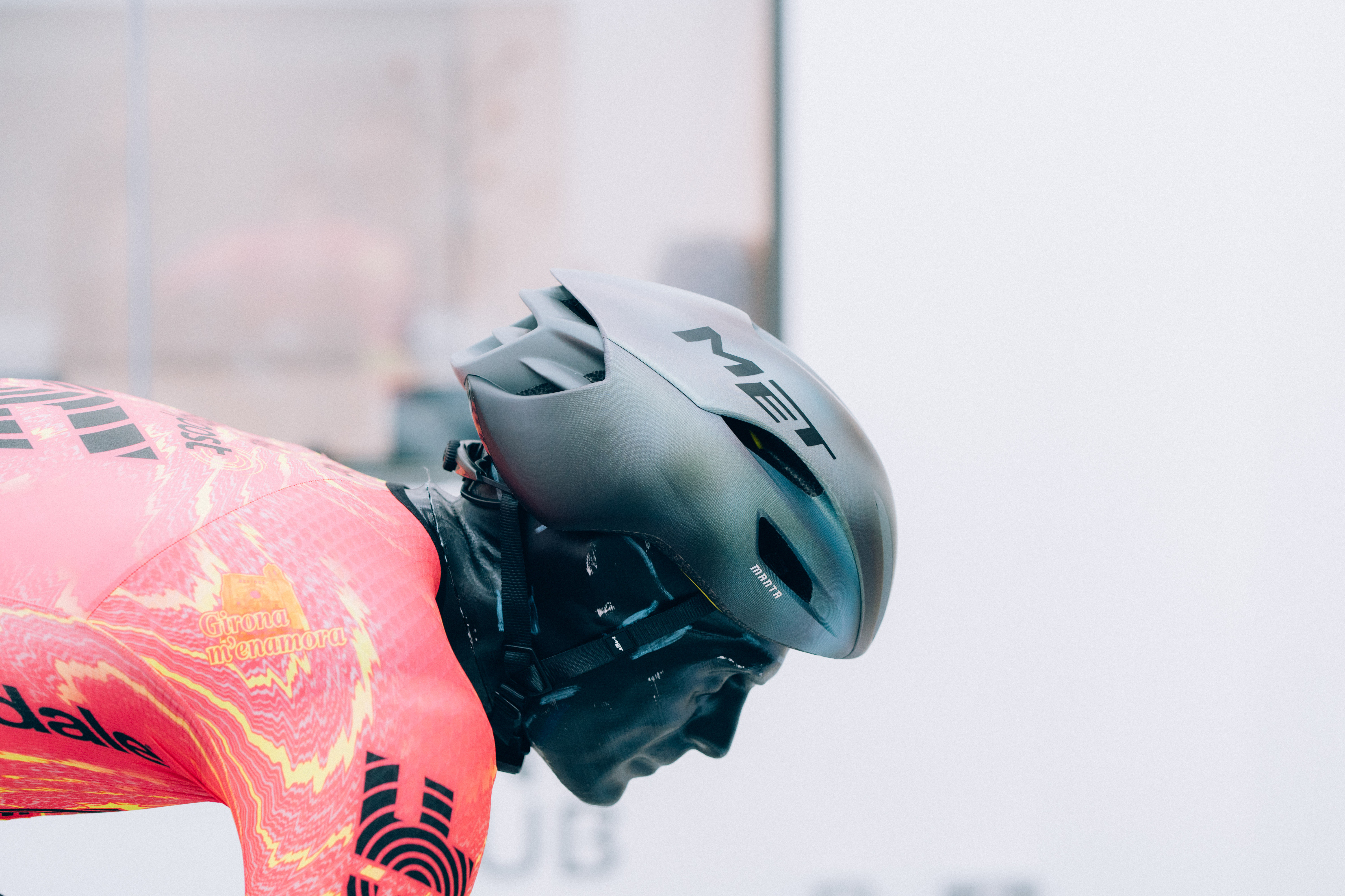 A close up of helmets being tested in the wind tunnel