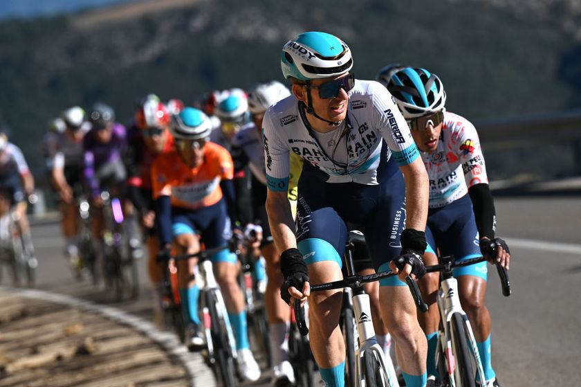 PORTELL DE MORELLA, SPAIN - FEBRUARY 08: Jack Haig of Australia and Team Bahrain - Victorious leads the peloton during the 76th Volta a la Comunitat Valenciana 2025, Stage 4 a 181km stage from Oropesa del Mar to Portell de Morella 1078m on February 08, 2025 in Portell de Morella, Spain. (Photo by Szymon Gruchalski/Getty Images)