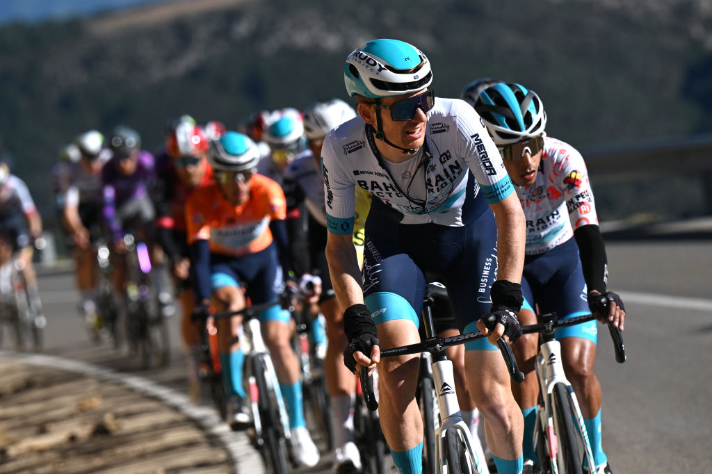 PORTELL DE MORELLA, SPAIN - FEBRUARY 08: Jack Haig of Australia and Team Bahrain - Victorious leads the peloton during the 76th Volta a la Comunitat Valenciana 2025, Stage 4 a 181km stage from Oropesa del Mar to Portell de Morella 1078m on February 08, 2025 in Portell de Morella, Spain. (Photo by Szymon Gruchalski/Getty Images)