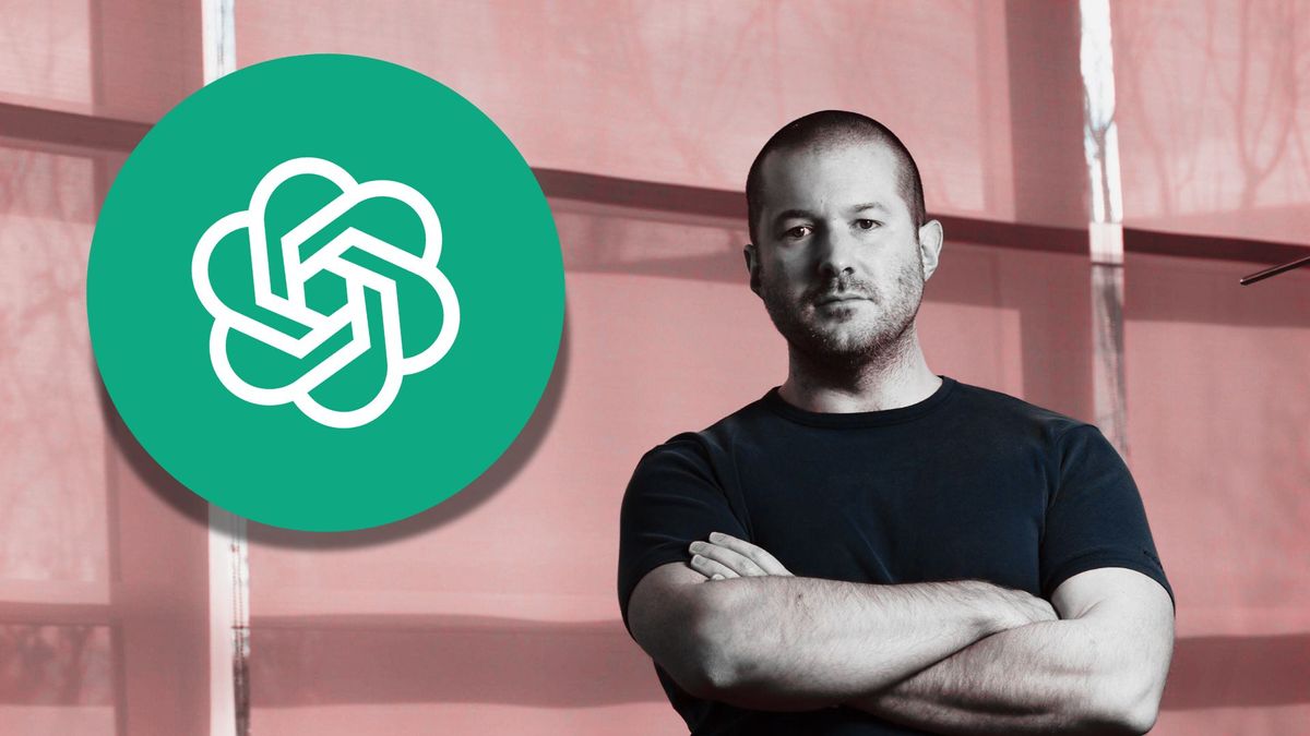 The OpenAI logo in front of a photo of Jonathan &quot;Jony&quot; Ive