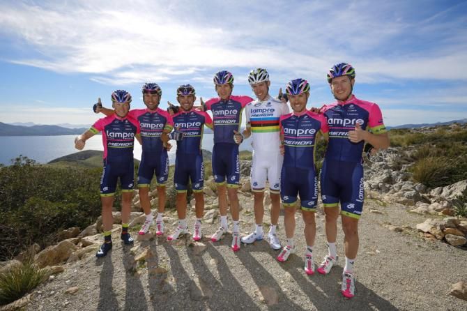 All smiles for Lampre-Merida riders on Mallorca (L-R): Chris Horner, Diego Ulissi, Jose Serpa, Przemyslaw Niemiec, Rui Costa, Damiano Cunego and Sacha Modolo