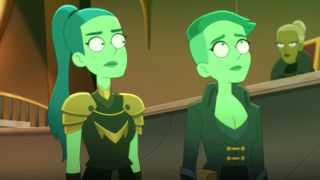 cartoon green-skinned humanoids talk to one another in an ornately decorated throne room