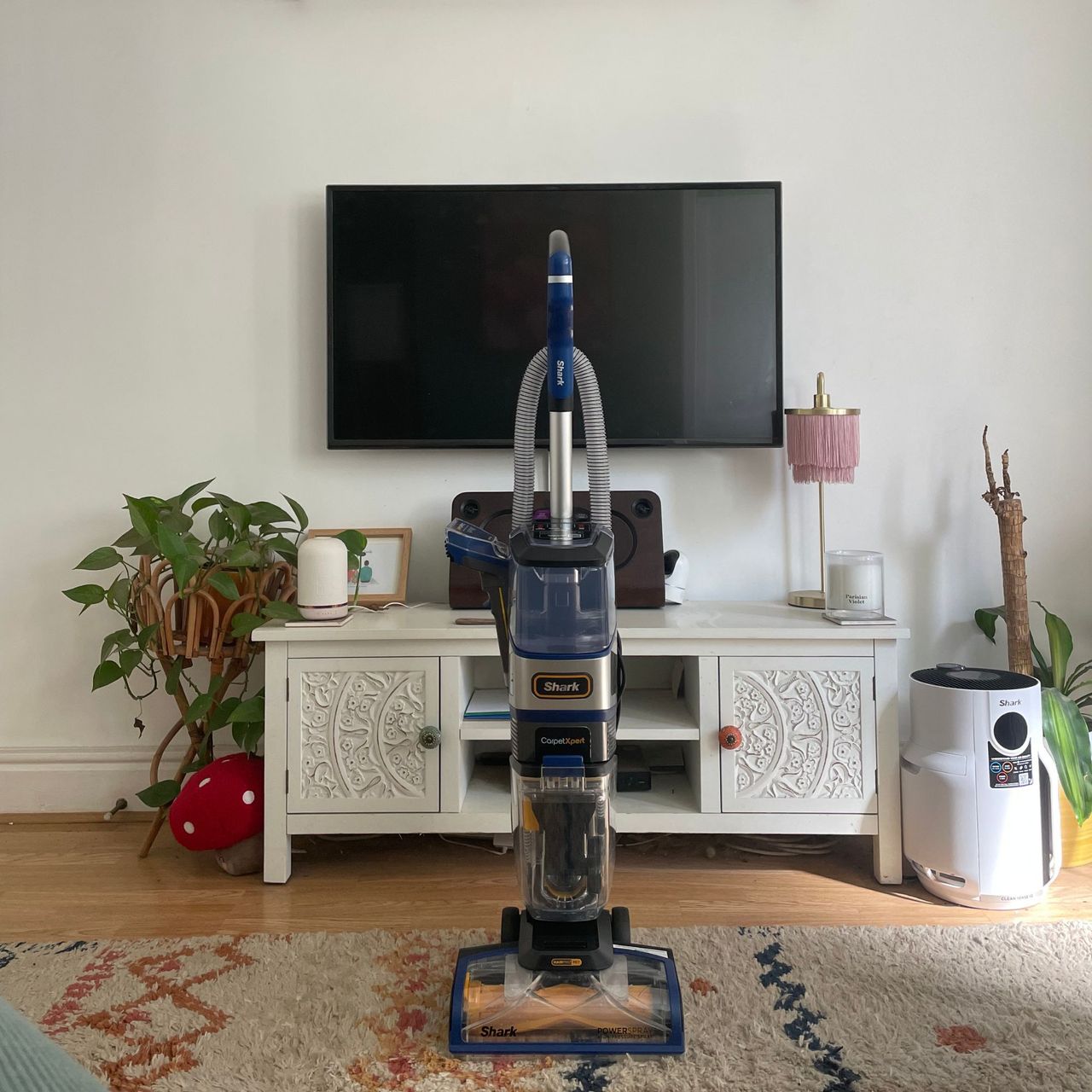 Shark CarpetXpert HairPro Pet Deep Carpet Cleaner with Spot Cleaner EX250UK sitting on a berber rug in front of a tv and tv unit