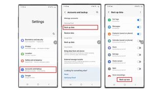 Screenshots showing how to back up to Samsung Cloud