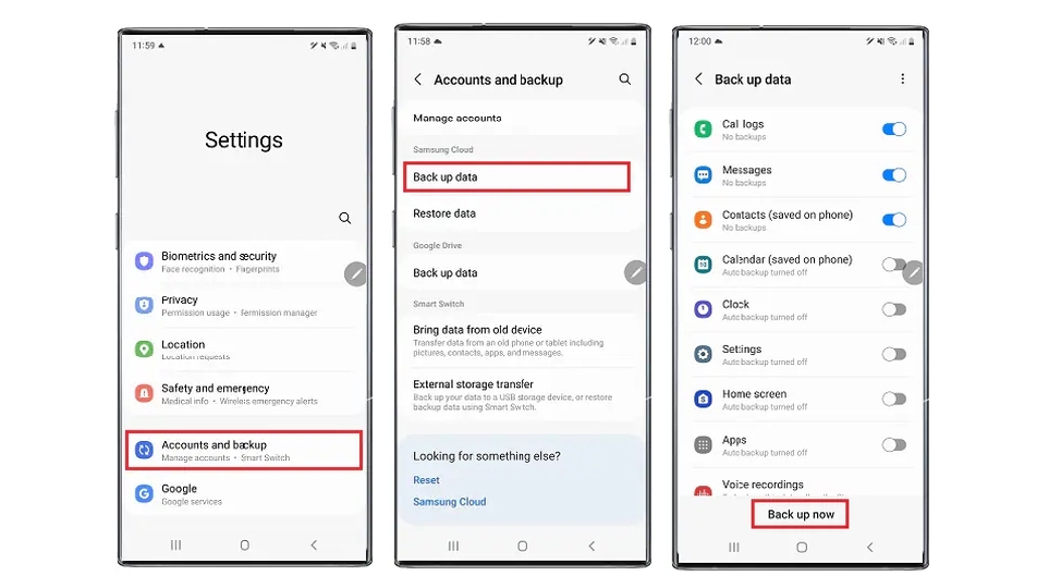 Screenshots showing how to back up to Samsung Cloud