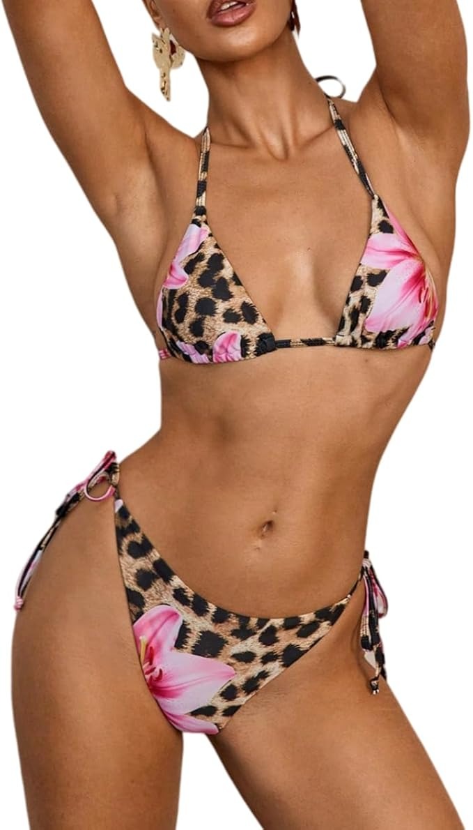QJQ, Qjq Women's 2 Piece Bikini Sets Floral Leopard Halter Triangle Bathing Suit Sexy Cheeky String Swimsuit Multicolor Medium