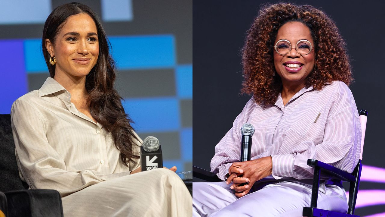 Meghan Markle speaking at SXSW in a beige, pinstriped outfit and Oprah Winfrey at the ESSENCE Festival Of Culture, wearing a light purple, striped button-up shirt and silky purple pants