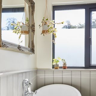 A bathroom with a large mirror and hanging plants