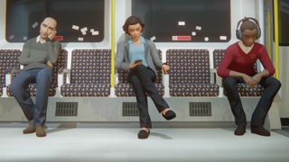 Three people sitting on a London subway train