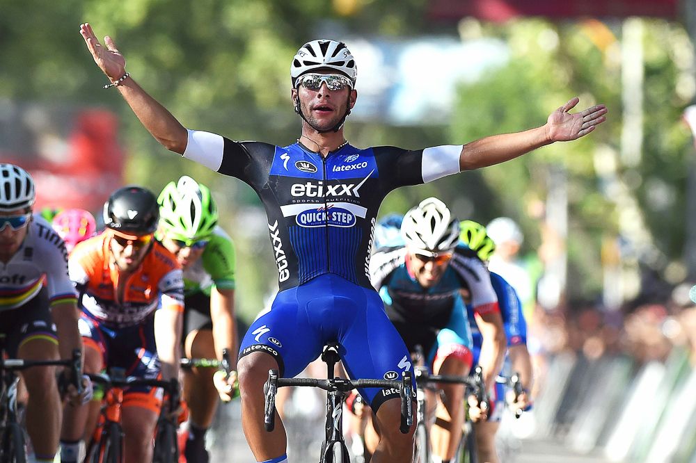 Fernando Gaviria celebrates winning stage 2 at the Tour de San Luis.