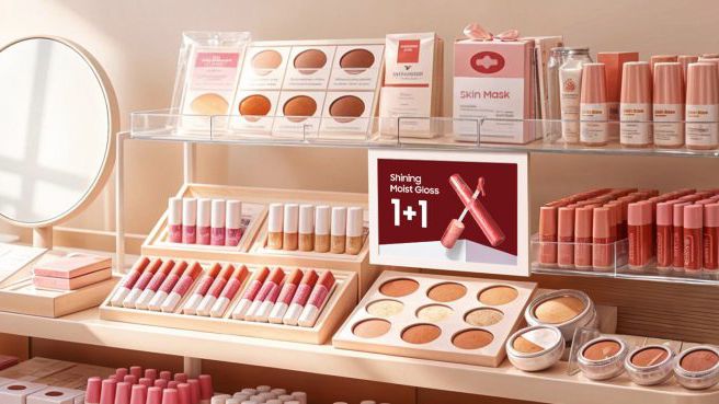 Samsung's new e-paper solution in a bookstore and makeup shop.