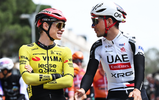 Jonas Vingegaard of Denmark and Team Visma | Lease a Bike and Joao Almeida of Portugal and UAE Team Emirates - XRG prior to the 105th Volta a Catalunya 2026, Stage 1 a 172.7km stage from Sant Feliu de Guixols to Sant Feliu de Guixols on March 23, 2026 in Sant Feliu de Guixols, Spain.