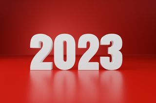 white 2023 on a red background