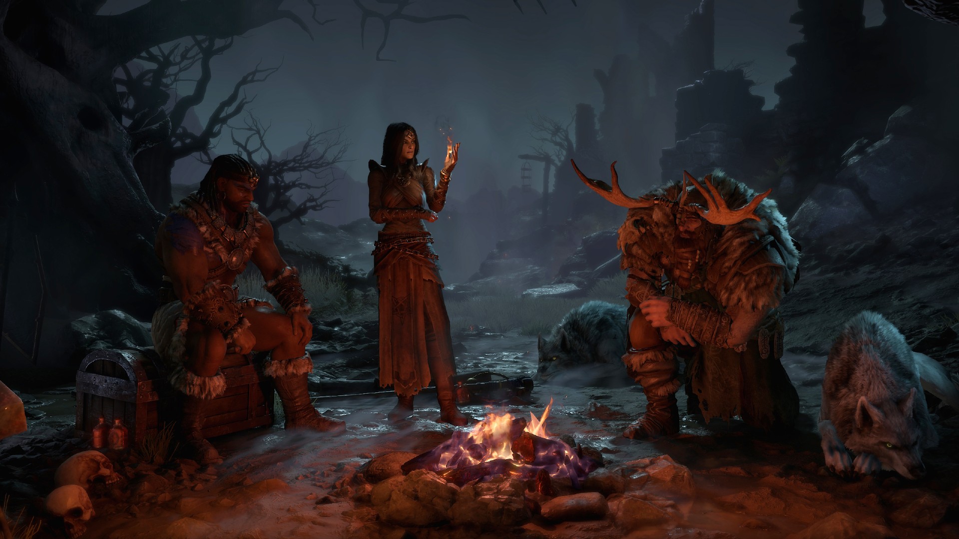 Diablo 4 characters gather around a campfire