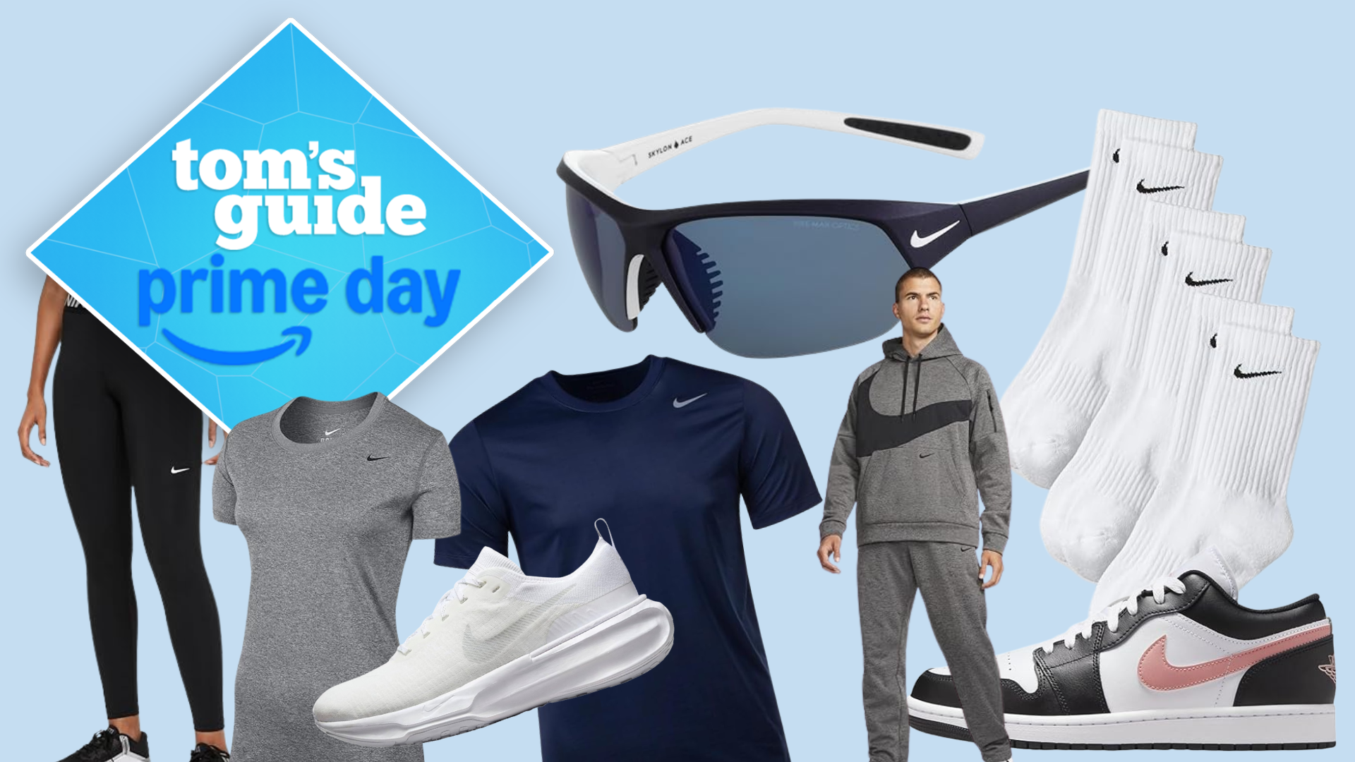 a light blue background composite image with a tom&#039;s guide blue diamond prime day deal badge, showing a range of Nike products including Nike sunglasses, Nike t-shirts, Nike socks, Nike trainers, and Nike leggings