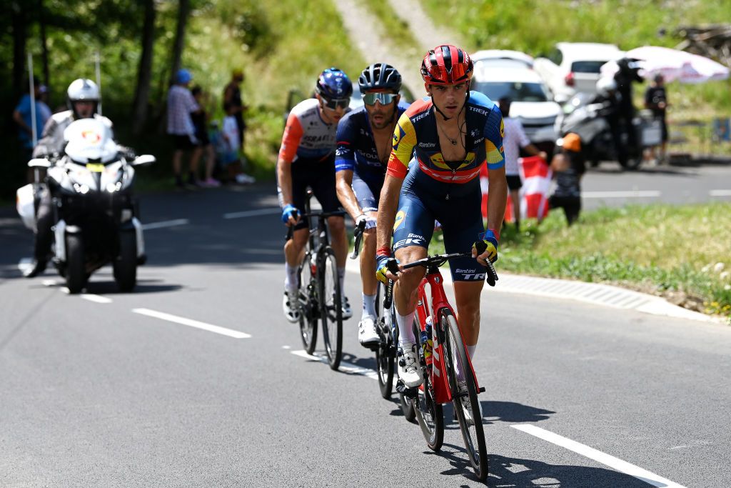 MORZINE LES PORTES DU SOLEIL FRANCE JULY 15 LR Michael Woods of Canada and Team IsraelPremier Tech Thibaut Pinot of France and Team GroupamaFDJ and Giulio Ciccone of Italy and Team LidlTrek compete in the breakaway during the stage fourteen of the 110th Tour de France 2023 a 1518km stage from Annemasse to Morzine les Portes du Soleil UCIWT on July 15 2023 in Morzine les Portes du Soleil France Photo by Tim de WaeleGetty Images