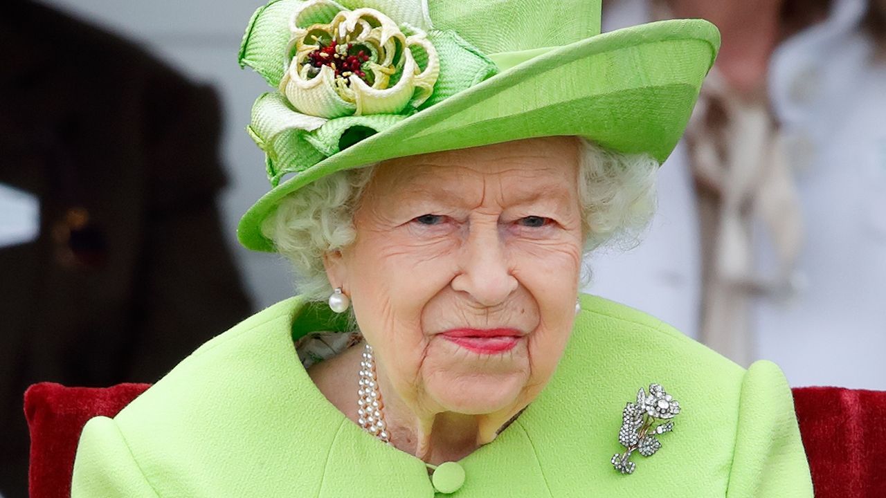 The Queen at the Out-Sourcing Inc. Royal Windsor Cup polo match and a carriage driving display by the British Driving Society at Guards Polo Club, Smith&#039;s Lawn on July 11, 2021 in Egham, England.