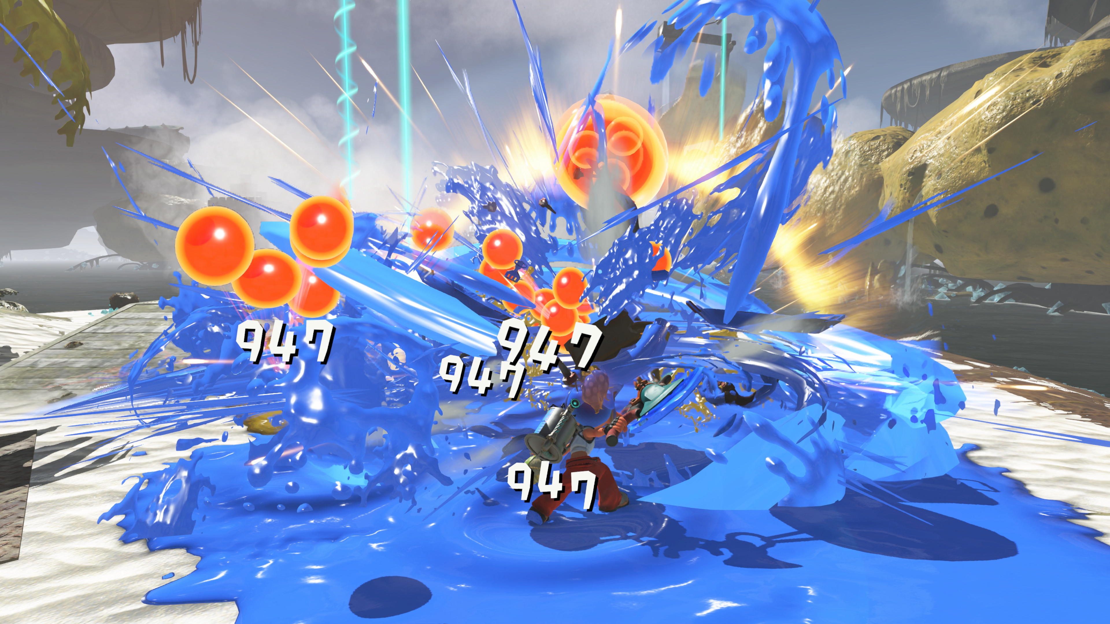 Splatoon Raiders, a Switch 2 screen explodes in blue paint