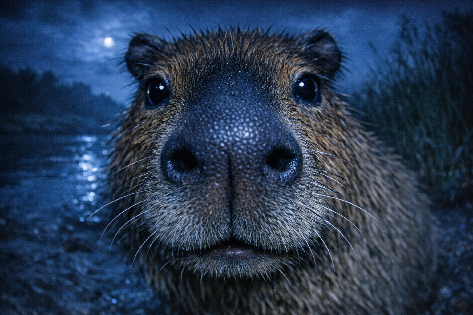 AI-generated image of a capybara at night