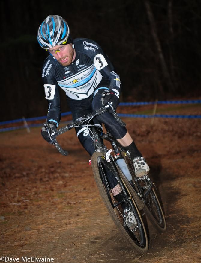 Shawn Milne (Keough Cyclocross) riding away from the competition with less than two laps to go
