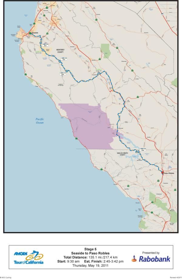 The map of the re-routed stage 5 of the 2011 Amgen Tour of California