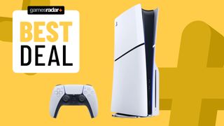 PS5 Slim console on a yellow background with best deal badge