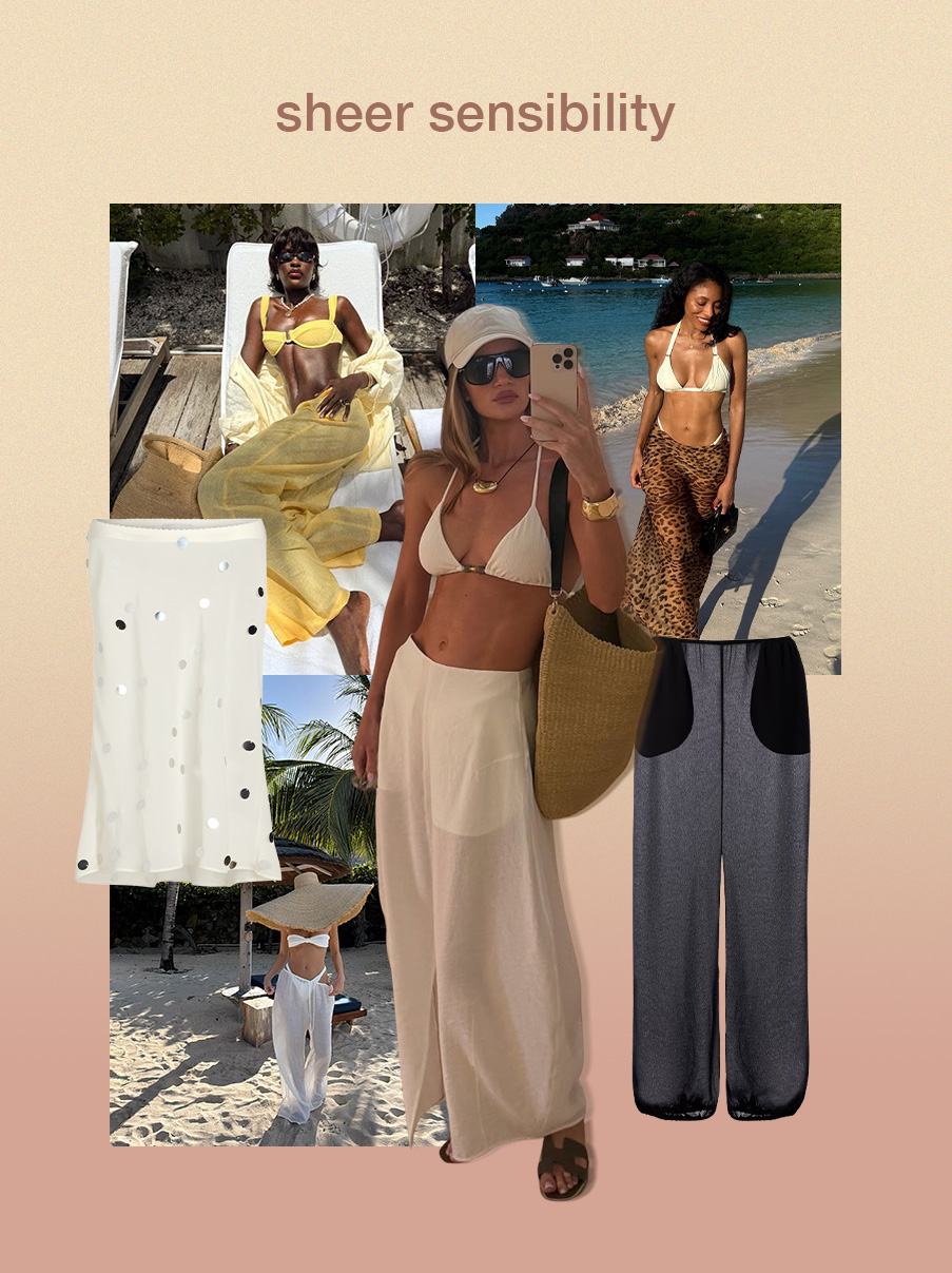 swimsuit trends for 2026: the trend 'sheer sensibility' with various women posing in bikinis, swimsuit coverups, and other various beach items