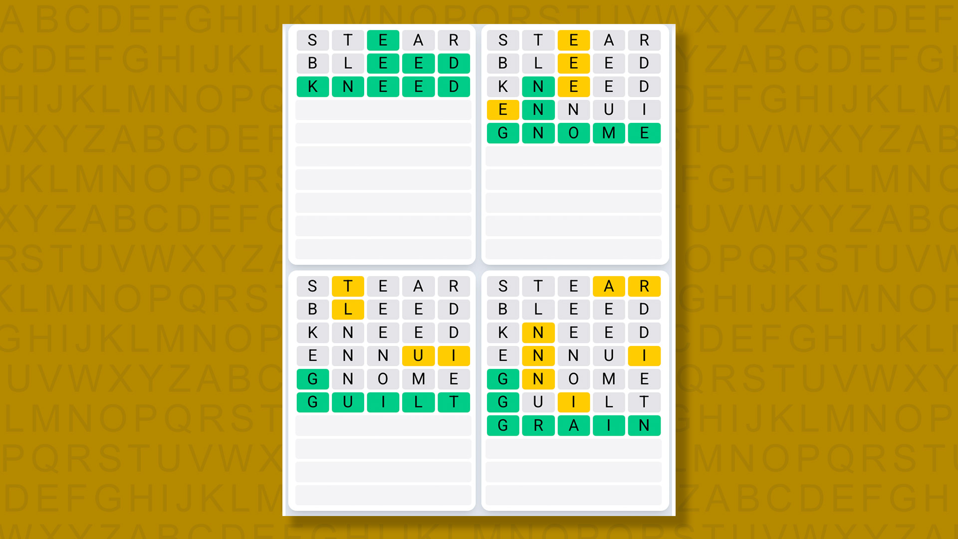 Quordle Daily Sequence answers for game 1538 on a yellow background