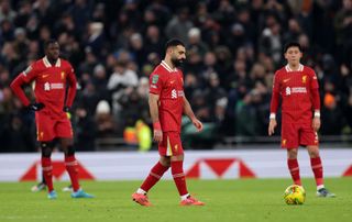 Mohamed Salah of Liverpool reacts after Lucas Bergvall of Tottenham Hotspur (not pictured) scores his side's first goal during the Carabao Cup Semi Final First Leg match between Tottenham Hotspur and Liverpool at Tottenham Hotspur Stadium on January 08, 2025 in London, England.