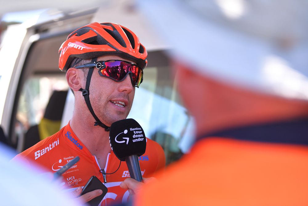 Patrick Bevin talks to media before the start of stage 6 at the Tour Down Under