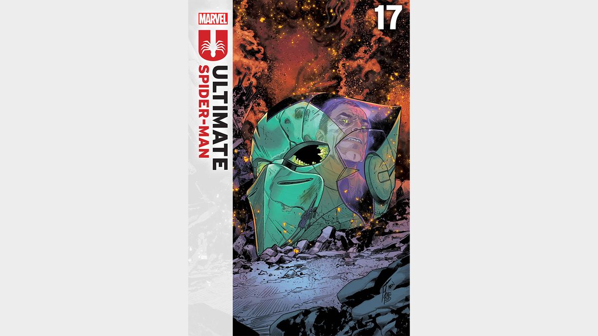Ultimate Spider-Man #17 cover with Ultimate Green Goblin's broken helmet showing Harry Osborn's reflection