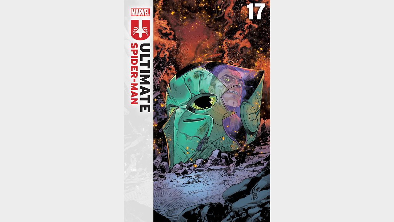 Ultimate Spider-Man #17 cover with Ultimate Green Goblin's broken helmet showing Harry Osborn's reflection