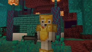 Minecraft Nether - the player in gold armor in front of a house made with nether blocks