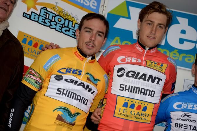 Tobias Ludvigsson and John Degenkolb wear the GC and points jerseys
