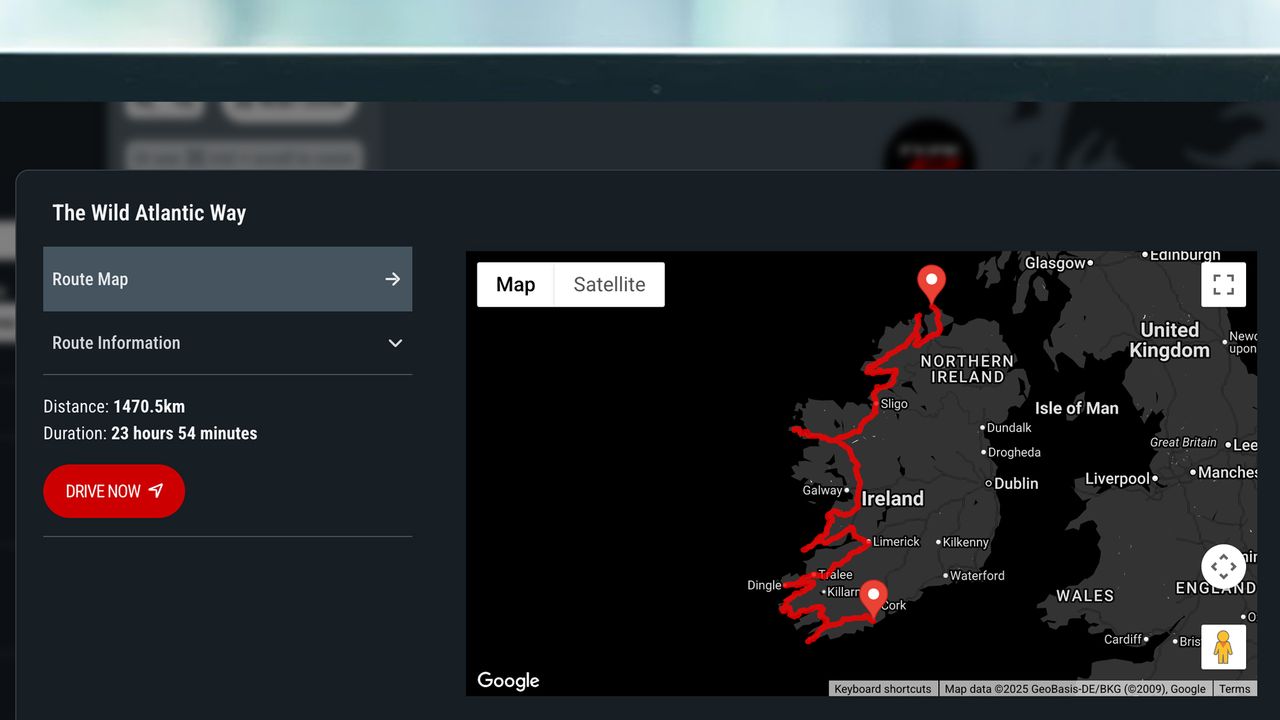 A laptop screen showing a route in Honda's Dream Drives map collection