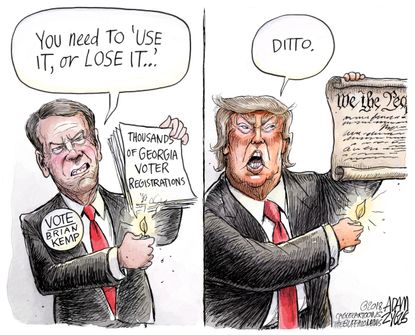 Political cartoon U.S. Brian Kemp Georgia voting rights Trump Constitution