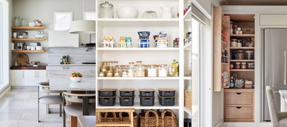 Small pantry ideas. Open shelving in large white kitchen. Inside of pantry, organized with shelves. Slim pantry next to fridge.