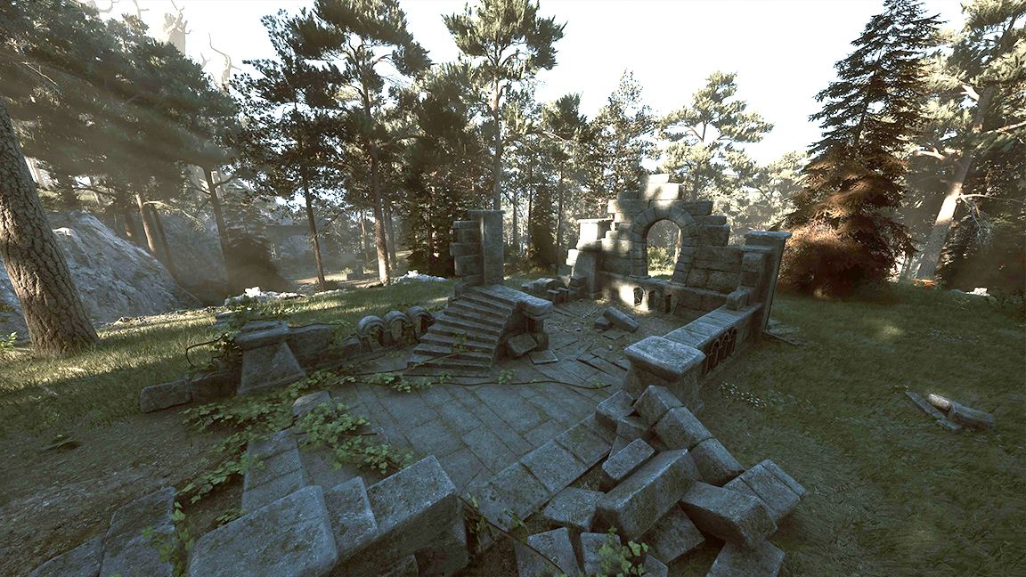 Among The Trolls by Avantgarden Games; ruins of a stone building lay across the ground in an open area of a dense forest