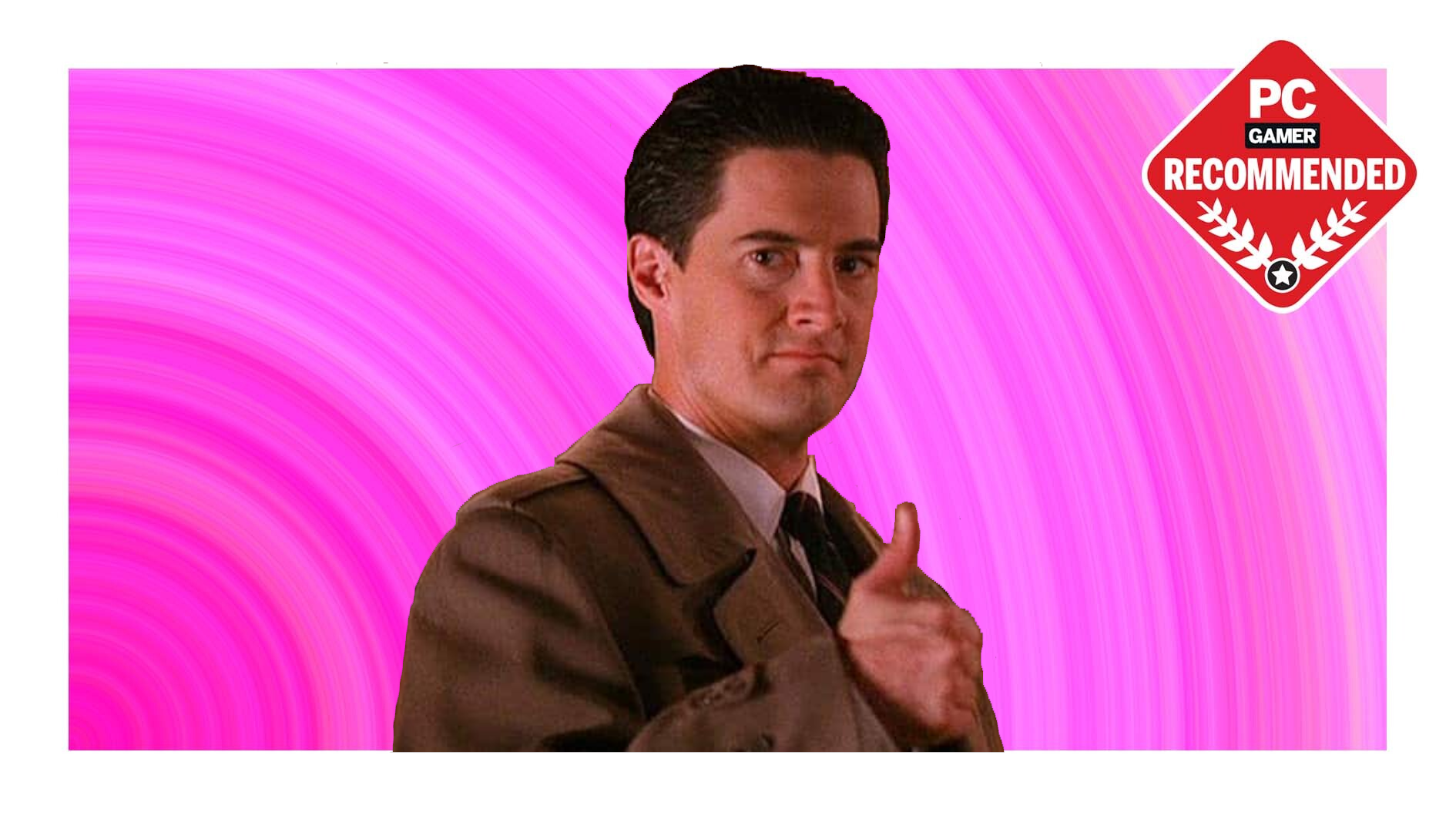Special Agent Dale Cooper giving a thumbs up under a PC Gamer recommended badge on pink background