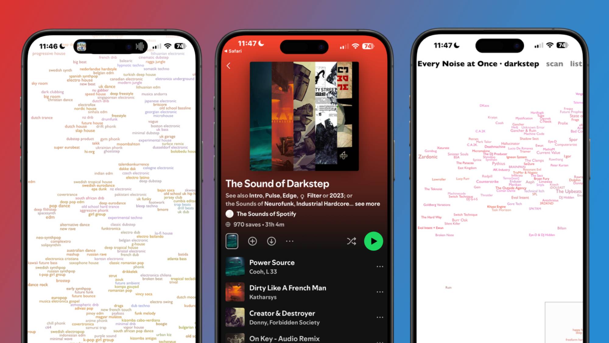 Three iPhones next to each other, two showing the website Every Noise At Once, with a Spotify playlist in the centre