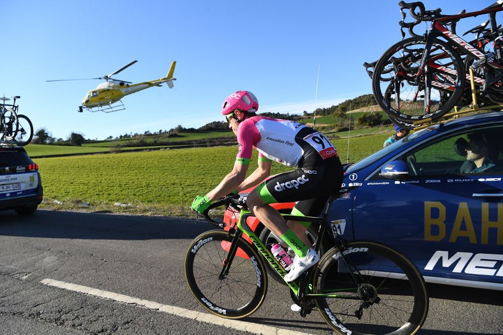 Pierre Rolland (EF Education First-Drapac) in the cars after a mechanical.