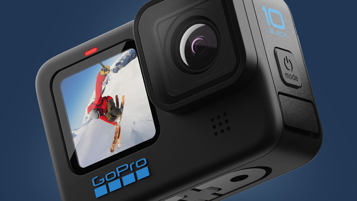 The GoPro Hero 10 Black on a blue background