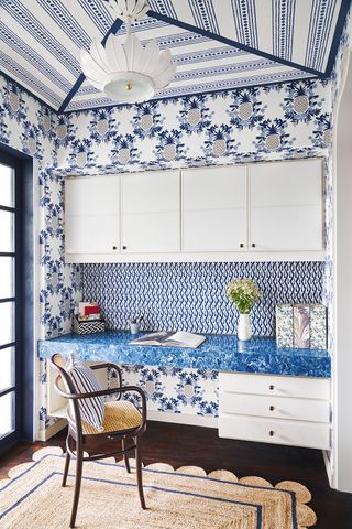 Bold home office with blue wallpapered walls and ceilings