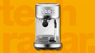 Our best coffee maker, the Breville Bambino Plus, on an orange background reading TechRadar